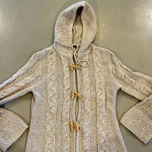 Tan toggle buttoned sweater with hood